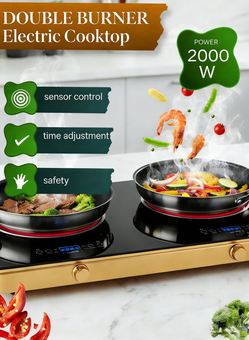 الحلم موقد كهربائي مزدوج 24 بوصة، محمول بقدرة 2000 واط مع مقبض، 9 مستويات طاقة، تحكم باللمس والمقبض، مؤقت وقفل أمان، يعمل بجهد 110 فولت - Image 1